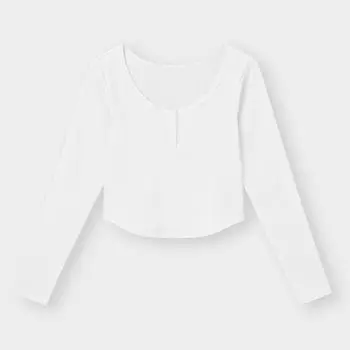 GU by Uniqlo Укороченная футболка Henley из хлопковой смеси в рубчик с длинным рукавом, сухая 01 OFF WHITE/XS