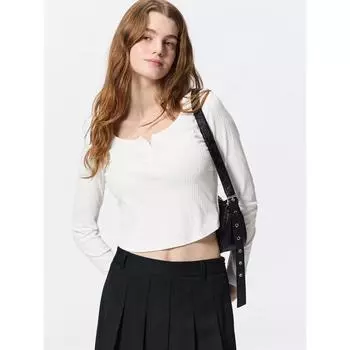 Gu By Uniqlo CoTTon Blend Rib Cropped Henley T Long Sleeve Dry 01 OFF WHITE/XS