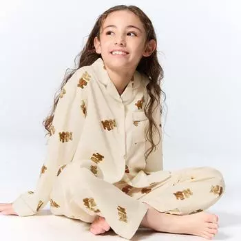 GU by Uniqlo ДЕВОЧКИ Атласная пижама Длинные рукава Длинные штаны Собака