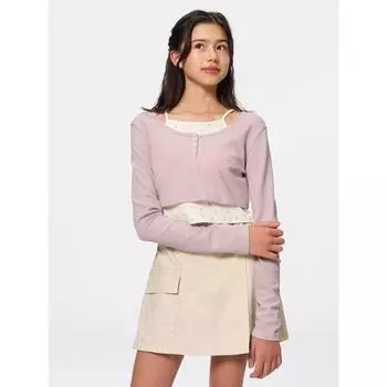 GU by Uniqlo Футболка для девочек из 2 предметов с вафельным воротником и длинным рукавом Jr 11 PINK/S