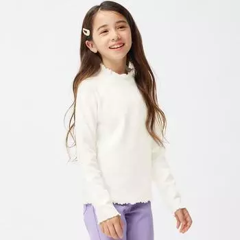 Футболка Gu By Uniqlo для девочек с оборками и высоким воротом, с длинными рукавами 01 OFF WHITE/120cm