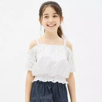 GU by Uniqlo GIRLS хлопковая кружевная блузка с открытыми плечами и короткими рукавами