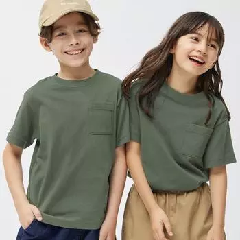 GU by Uniqlo KIDS унисекс, хлопковая футболка с карманом и короткими рукавами 01 OFF WHITE/130 cm