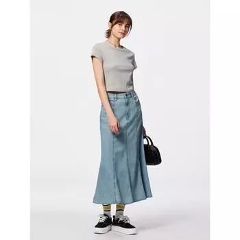 GU by Uniqlo Легкая джинсовая расклешенная макси-юбка+ec короткая длина 63 BLUE/XS