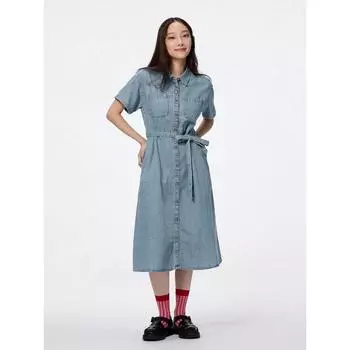 GU by Uniqlo Легкое джинсовое рабочее платье-рубашка с коротким рукавом +ec 07 GRAY/S