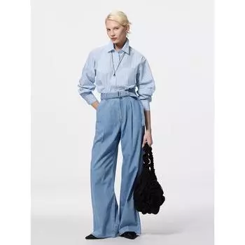 Gu By Uniqlo Light Denim Belted Wide Pants+ec 80.0cm Long 63 BLUE/XS