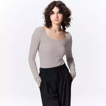 GU by Uniqlo Stretch Ribbed U Neck Bodysuit Long Sleeve Warm +X