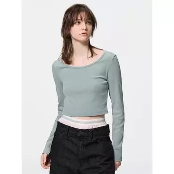 GU by Uniqlo Укороченная футболка с длинными рукавами в рубчик 53 GREEN/XS
