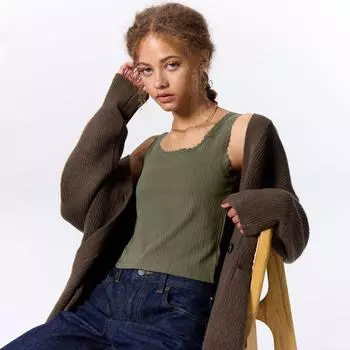 Укороченный топ-майка Gu By Uniqlo из хлопковой смеси в рубчик Dry +x 01 OFF WHITE/XXL