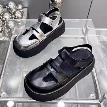 Gu Yun 2025 summer new thick-soled heightening small woven hollow casual French retro Roman sandals 35 чёрный