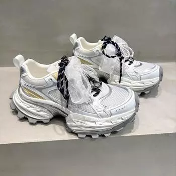 Gu Yun 2025 весна новые кожаные женские туфли на платформе с жемчужным бантом модные крутые сетчатые туфли для папы спортивная повседневная обувь 35 белый