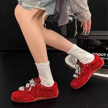 Gu Yun кожаные балетки с бантом и жемчугом на шнуровке модные кроссовки спортивная повседневная обувь туфли для скейтбординга красные женские туфли на плоской подошве 35 красный