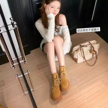 Gu Yunshu 2024 autumn and winter fashion cross thick-soled desert Martin short boots women s locomotive boots big yellow boots women s 35 чёрный