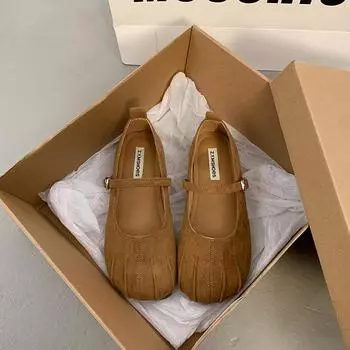 Gu Yunshu 2025 Spring French Folded Temperament Round Head Shallow Mouth Mary Jane Mao Mao Shoes Women s Outer Wear Temperament Single Shoes 35 хаки