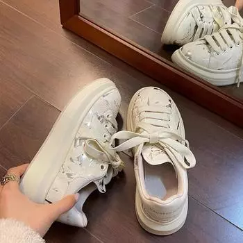 Gu Yunshu Блестящие повседневные туфли на толстой подошве, увеличивающие рост, белые туфли, женская повседневная обувь, весна 2024, новые спортивные туфли на шнуровке для женщин 35