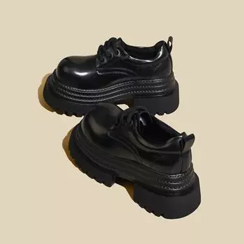 Gu Yunshu Platform big head маленькие кожаные туфли женские 2024 осень и зима новые туфли дерби на шнуровке маленькие увеличивающие рост мокасины 35 чёрный