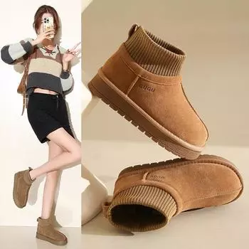Gu Yunshu Round-headed muffin thick-soled snow boots for women in autumn and winter 2024 knitted fashion versatile short cotton boots for women 35 верблюд