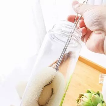 Губка для чашек, мягкая длинная ручка из нержавеющей стали, сменная насадка, кухонный очиститель для чашек, губка, скруббер, инструмент для чистки кухни серебряный