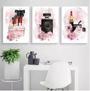 Губная помада на высоких каблуках, модные постеры, принты, флакон духов, холст, картина, розовый цветок, пион, настенный постер, украшение для комнаты красоты, без рамки 21*30cm