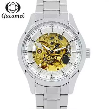 GUCAMEL Деловые модные часы со стальным ремешком, полые механические часы, мужские механические часы