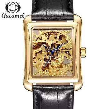 GUCAMEL квадратные часы прозрачные полые механические мужские часы с ручным управлением механические модные деловые часы с ремнем