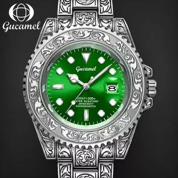 GUCAMEL Новые мужские часы Винтажные резные кварцевые часы Часы-календарь
