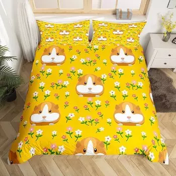 Guinea Pig King Queen Bedding Set Lovely Cartoon Mouse Duvet Cover Flower Plant Animal Comforter Cover Polyester Quilt Cover 70x133cm 2pcs