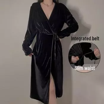 Guiruo Женский бархатный кружевной кардиган с глубоким V-образным вырезом и комплект нижнего белья с длинными рукавами - Коллекция Осень/Зима Large светло-розовый