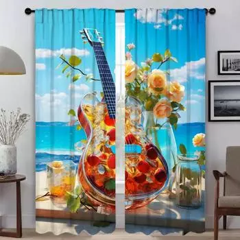 Guitar and Flowers Window Curtain for Room 2 Panel Shades Tulle for Bedroom Partition Halloween Decoration Kitchen Curtains Home W50xH70cmx2pcs-CL