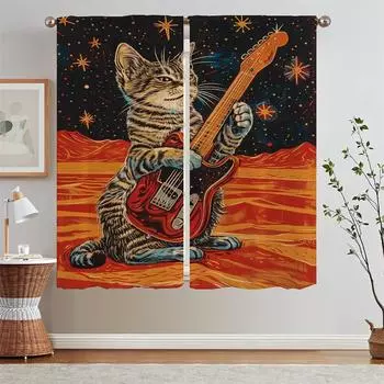 Guitar Cat Blackout Kitchen Curtains on Offer Free Shipping Window Curtains in the Living Room Decoration Partition Tentacles W50xH70cmx2pcs-CL
