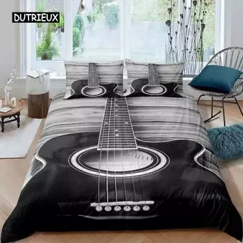 Guitar Duvet Cover Set Music Theme Bedding for Teens Microfiber Vintage Grey Guitar on Wooden Floor Quilt Cover Queen King Size EU single(135x200cm)