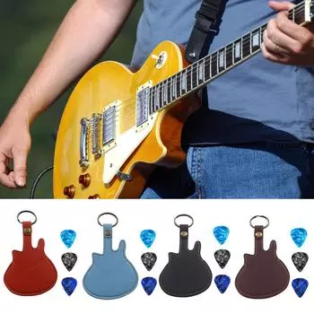 Guitar Picks Holder Case with 3 Picks, PU Leather Picks Bag and Picks Carrying Case with Keyring for Guitar Bass Ukulele коричневый