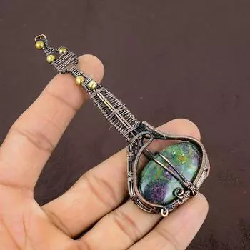Guitar Ruby Zoisite Lab-Created Handmade Copper Wire Wrap Pendant 4.25 V2e81