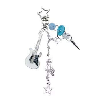 Guitar Star Button Charm Keychains Sweet Cute Pendant Hanging Ornament Keyring Backpack Decoration for Women Girls