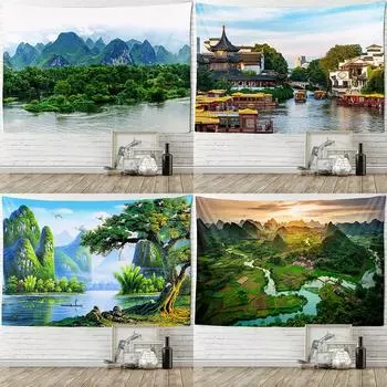 Гуйлинь пейзаж настенный гобелен художественное украшение гобелен занавеска подвесная спальня гостиная украшение дома гобелен 100x75cm