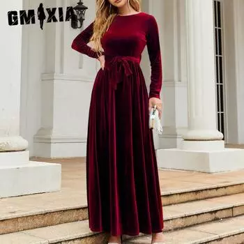 GUMXIA женские модные осенне-зимние однотонные повседневные платья с длинным рукавом и круглым вырезом с высокой талией и принтом S темно-красного
