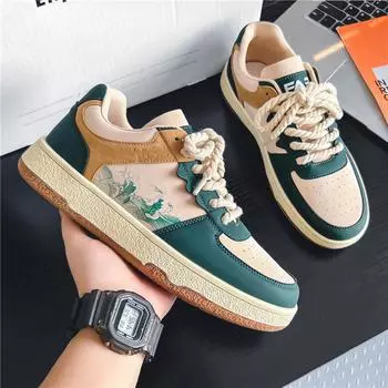 Guochao board shoes men s 2025 new Korean version of personalized retro casual men s shoes color matching printing outdoor student sports shoes 39 зелёный