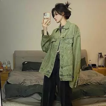 Guochao хип-хоп уличная зеленая джинсовая куртка женская весна и осень тонкая американская ретро уличная куртка для пар L