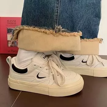 Guochao маленькие белые туфли женские туфли весна и осень 2025 новая корейская версия туфли на платформе одинарные студенческие универсальные повседневные туфли для скейтбординга 35 чёрный