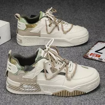 Guochao Men S Shoes Autumn Leather Splicing Thick Baseplate Shoes Double Lace-Up Youth Tide Wear Sports And Leisure Shoes 39