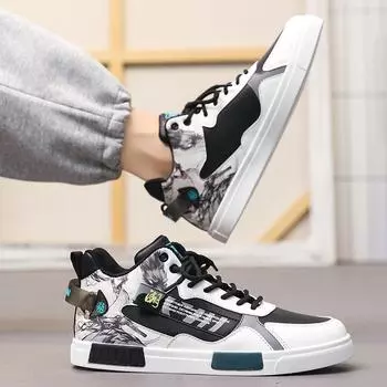 Guochao men s shoes large size 47 spring student high-top tooling shoes men s 46 graffiti little white board shoes men s solid sole 45 38