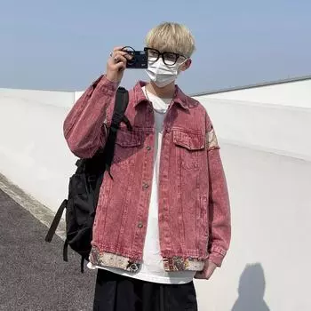 Guochao Retro High Street стираная джинсовая куртка мужская хип-хоп американская куртка свободная пара M розовый