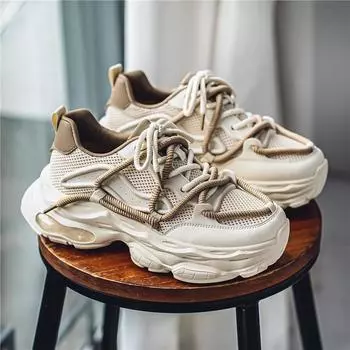 Guochao sports shoes 2025 men s shoes tire sole retro height increase casual running shoes short height increase dad shoes men 39 бежевый