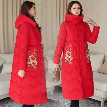 Guochao средняя и длинная до колена утолщенная вышитая хлопковая одежда женская зимняя вышитая одежда в стиле Тан куртка ципао в китайском стиле M чёрный