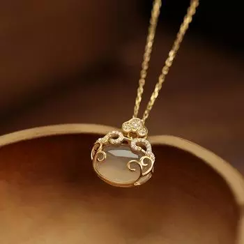 Guochao Style White Chalcedony Ping An Long Life Lock Necklace Light Luxury High Sense Ruyi Plated Pendant Clavicle Chain Neck Ornament