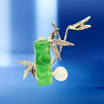 Guofeng Natural Pearl Green Zircon Bamboo Brooch High-End Temperament Suit Corsage Versatile Decorative Pin