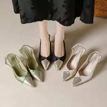 Guofeng new bag head empty sandals women s French small fragrant style color matching pointed head temperament high heel fine heel sandals summer 34 чёрный