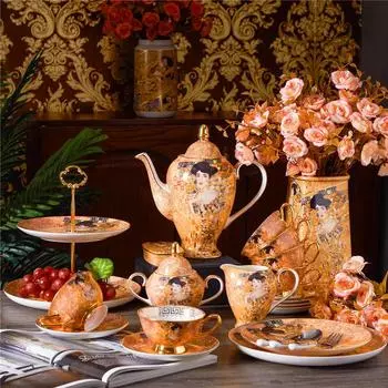 Gustav Klimt Adela Bone China Coffee Servis Роскошный фарфоровый чайный сервиз Чашка с блюдцем Керамический чайник Сливочник Сахарница Молочник Coffeewa