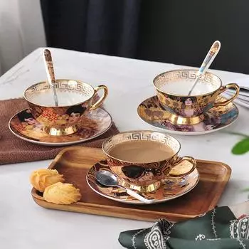 Gustav Klimt Bone China Coffee Servis Климт Поцелуй Юдифи Керамический чайный сервиз Европейская фарфоровая посуда для питья Чайные чашки с ложкой 180ml