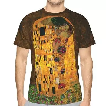 Gustav Klimt Картина маслом Kiss Мужские футболки большого размера в стиле ретро с короткими рукавами из полиэстера Футболка Harajuku с 3D-принтом и круглым вырезом Уличная одежда S дубильная кора